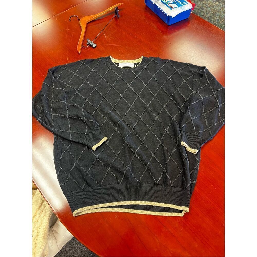 Murray Allan Scotland Black Argyle Knit Tan Trimmed Crew Neck Sweater Sz Xl